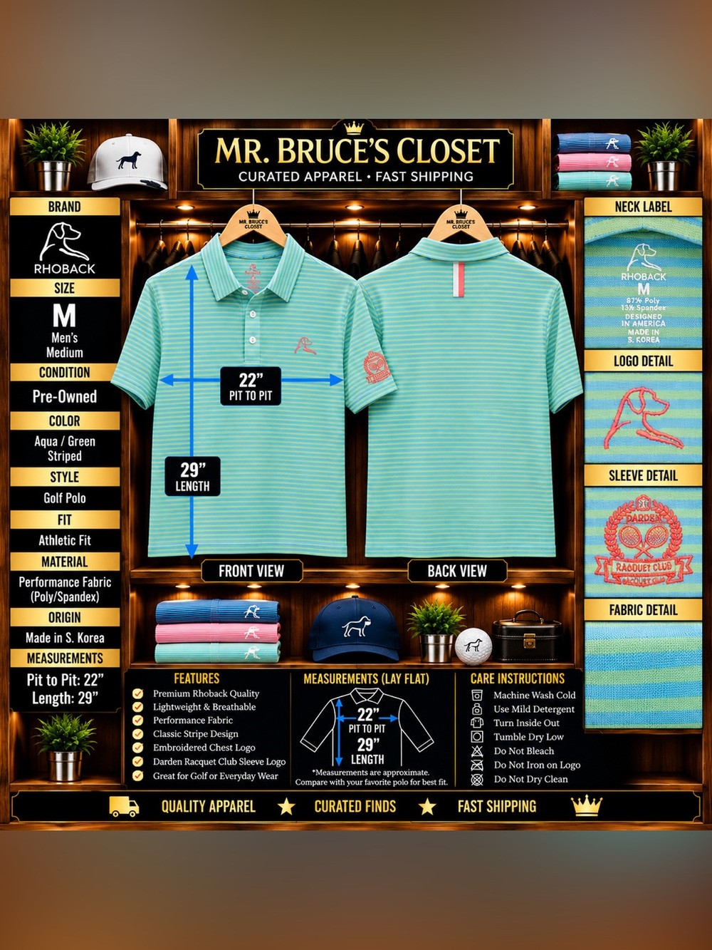 Rhoback Aqua and Light Green Striped Performance Polo